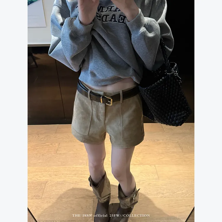THEISSN宁司 麂皮低腰宽松短裤女早秋新款直筒休闲裤 01414