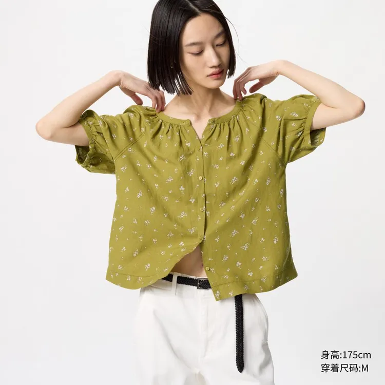 优衣库女装麻混纺印花泡泡袖衬衫短袖衬衣打褶复古477604