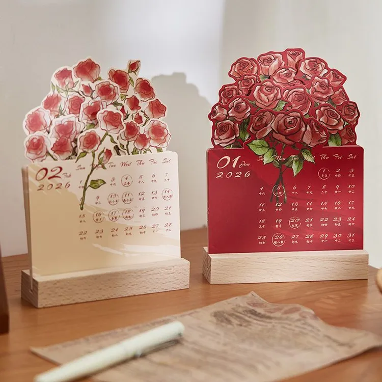 2026年立体玫瑰台历可爱ins木质日历创意办公室桌面摆件备忘录XF