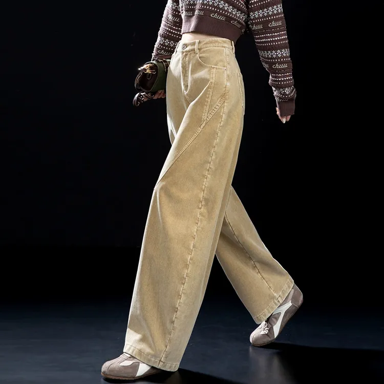 卡其色加绒裤子灯芯绒休闲裤女2025新款秋冬加厚条绒裤弯刀哈伦裤