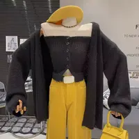 LHTE青青大码女装 韩版辣妹修身单排扣针织抹胸开衫黑色套装T6212