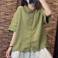 【清货+运费险】棉麻衬衫复古风气质通勤纯色百搭翻领宽松短袖XK32