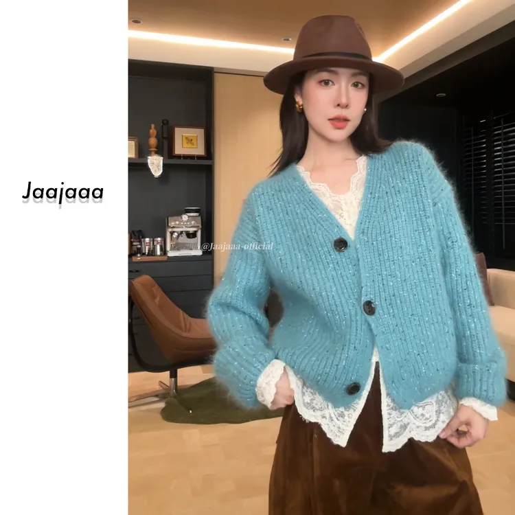 Jaajaaa首尔印象 百搭宽松型小众磨毛设计长袖厚款毛衣开衫女/HHA