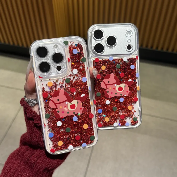 雅天立彩色波点新年流沙小马适用苹果16手机壳华为vivo小米17oppo