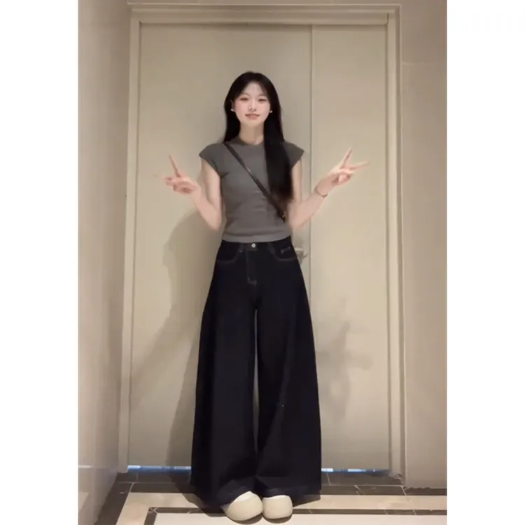 parkyeon灰色小飞袖正肩短袖T恤上衣女高腰显瘦阔腿牛仔裤套装
