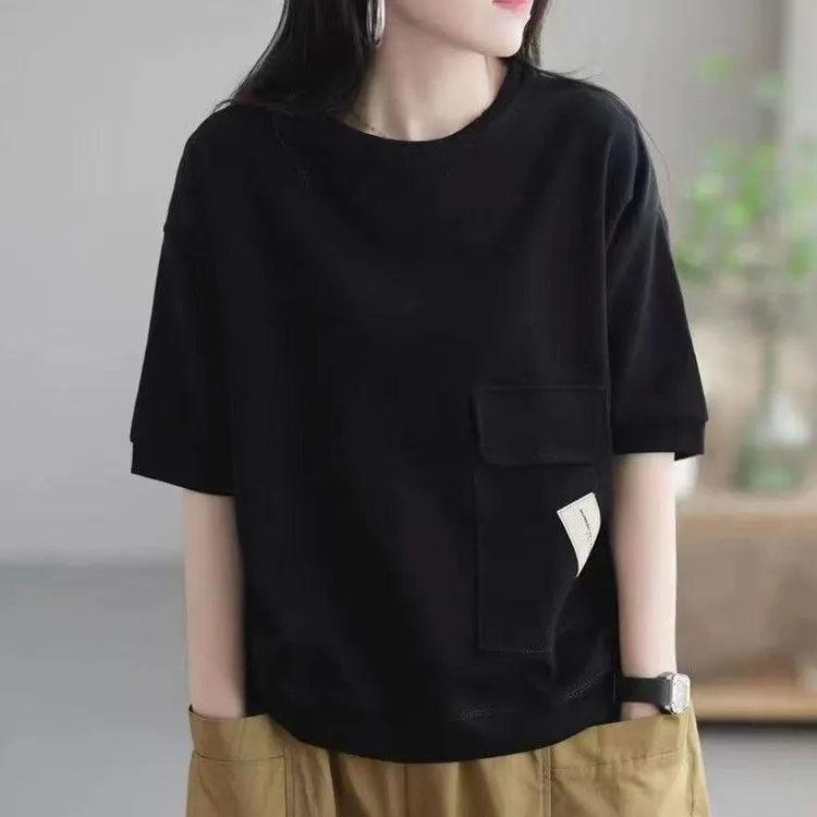 2025新款纯色圆领显瘦女士T恤短袖减龄百搭韩版宽松遮肚子女上衣