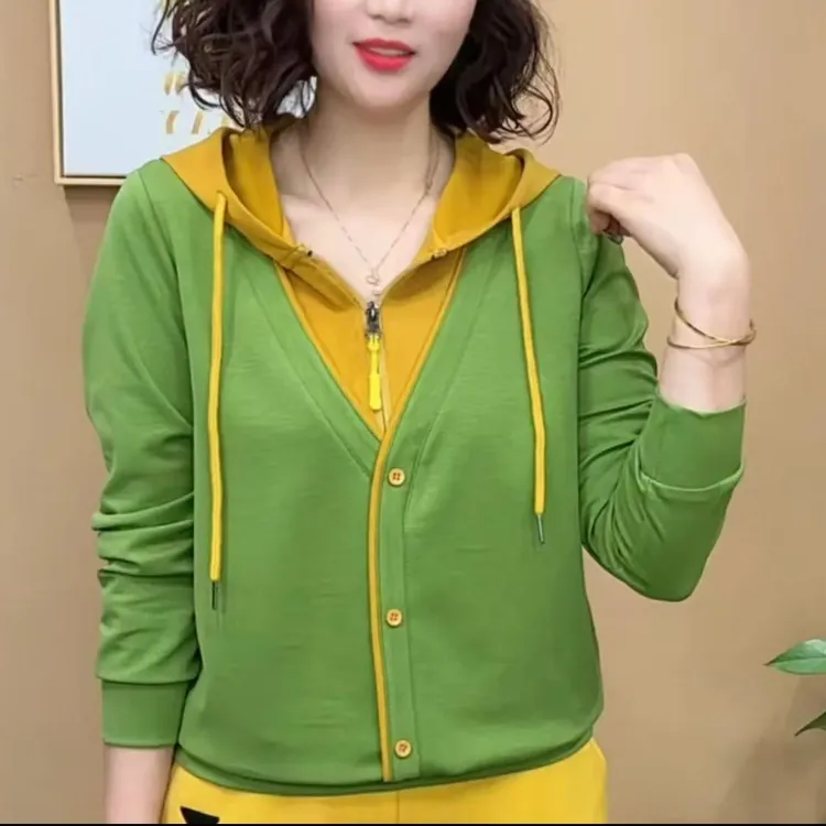 春秋新款时尚洋气潮流长袖连帽拉链卫衣春季撞色显瘦休闲上衣女装