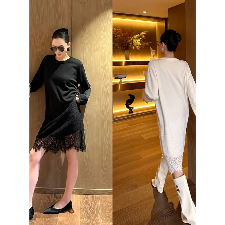 AME  优雅延伸裙    织物之美优雅蕾丝拼接舒暖毛衣裙ZD12LMYL941