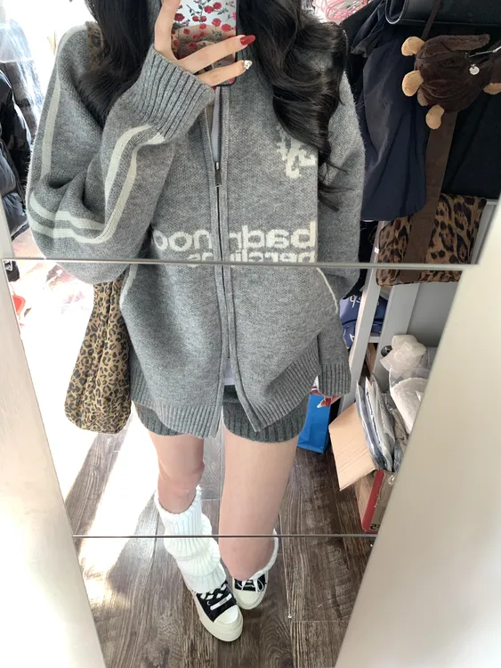 慵懒风设计感翻领拉链毛衣开衫女外套秋装新款韩版宽松针织衫上衣