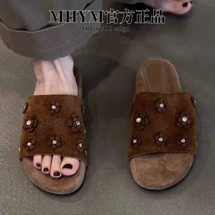 羊皮版~时尚真皮花朵露趾凉拖鞋女夏季新款厚底外穿反绒百搭凉鞋