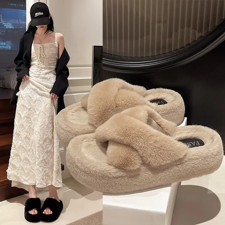 交叉毛拖鞋女外穿高级2025新款秋冬厚底居家保暖女士一字拖网红