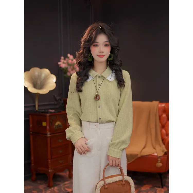 婉儿【奚鸣】蕾丝Polo领长袖衬衣上衣女秋冬季内搭打底衬衫 #S14935