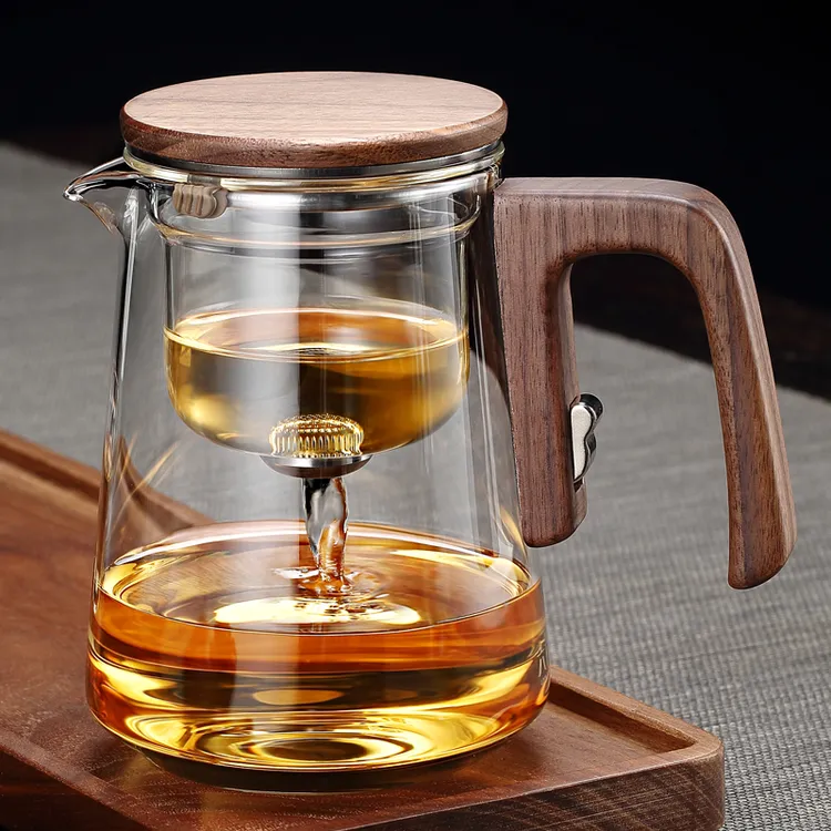 新款磁吸飘逸杯大容量泡茶壶茶水分离全玻璃内胆高档商务胡桃木把