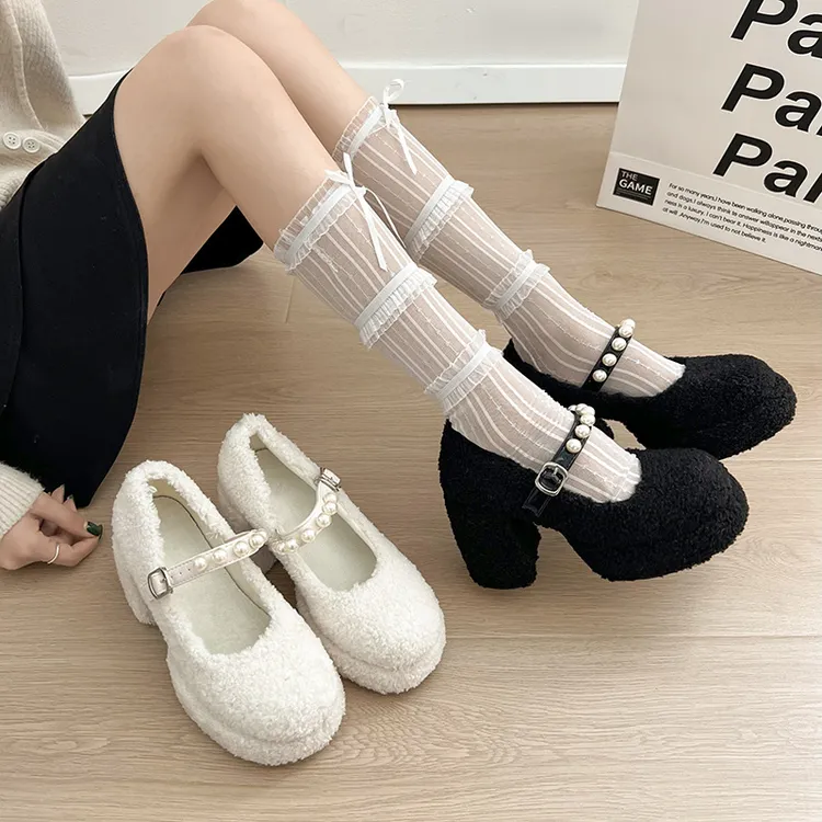 法式复古珍珠加绒高跟鞋女2024秋冬新款粗跟配裙子玛丽珍毛毛单鞋