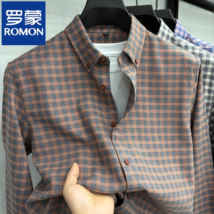 罗蒙休闲磨毛纯棉格子衬衫春秋季柔软透气舒适宽松格纹长袖衬衣潮
