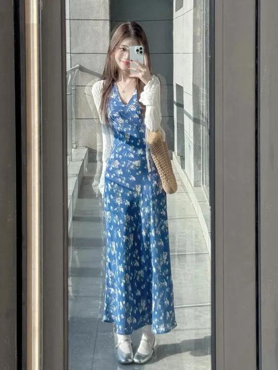 2025夏季新款法式温柔气质时尚穿搭防晒针织开衫碎花连衣裙两件套