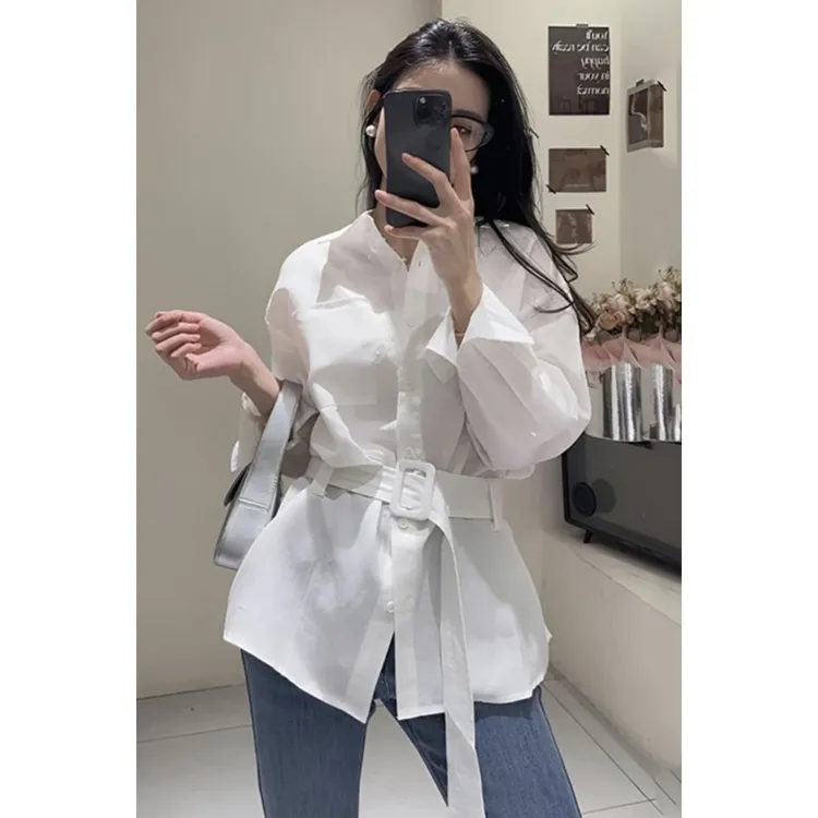 气质收腰韩系设计感衬衫2025春夏季宽松显瘦休闲女上衣(配腰带)
