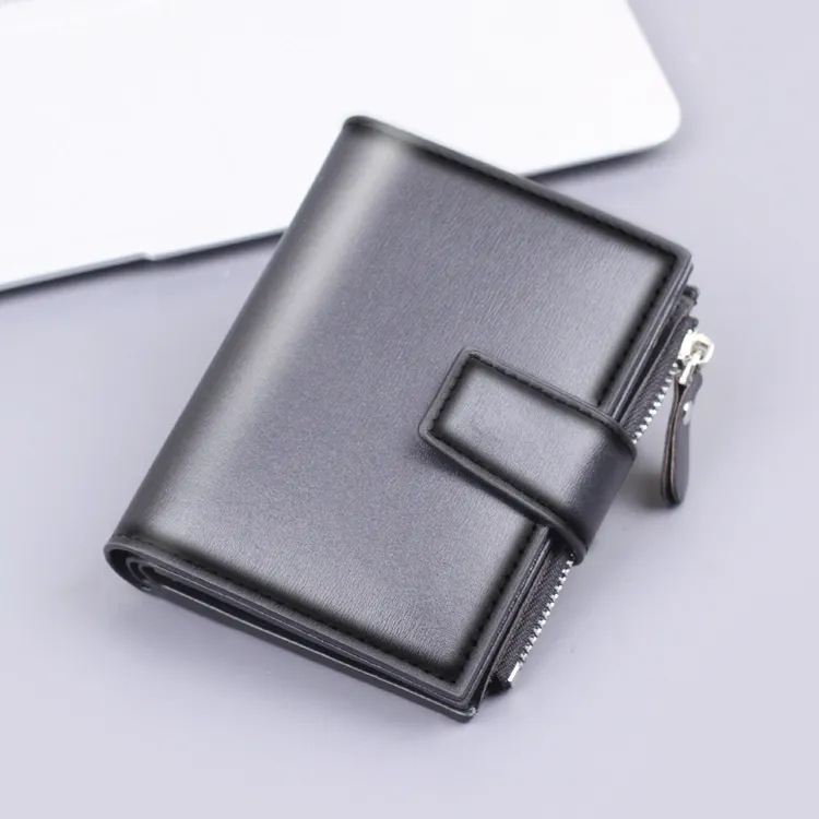 竖款钱包男款扣子短款钱夹卡包多功能wallet男士皮夹新款拉链短夹