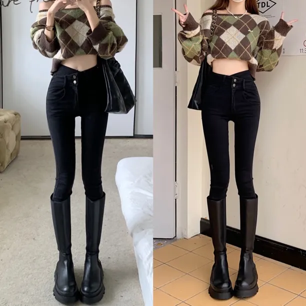 （浠儿家）新款黑色牛仔裤女弹力紧身设计感斜腰铅笔小脚裤子