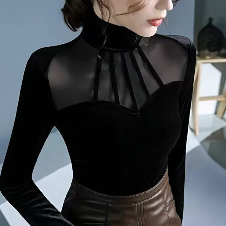 高领丝绒打底衫女网纱拼接秋冬内搭气质洋气小衫时尚设计感上衣潮
