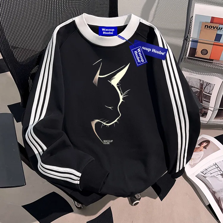 WASSUP HSUBE美式三条杠圆领卫衣猫咪印花潮牌高街休闲情侣上衣服
