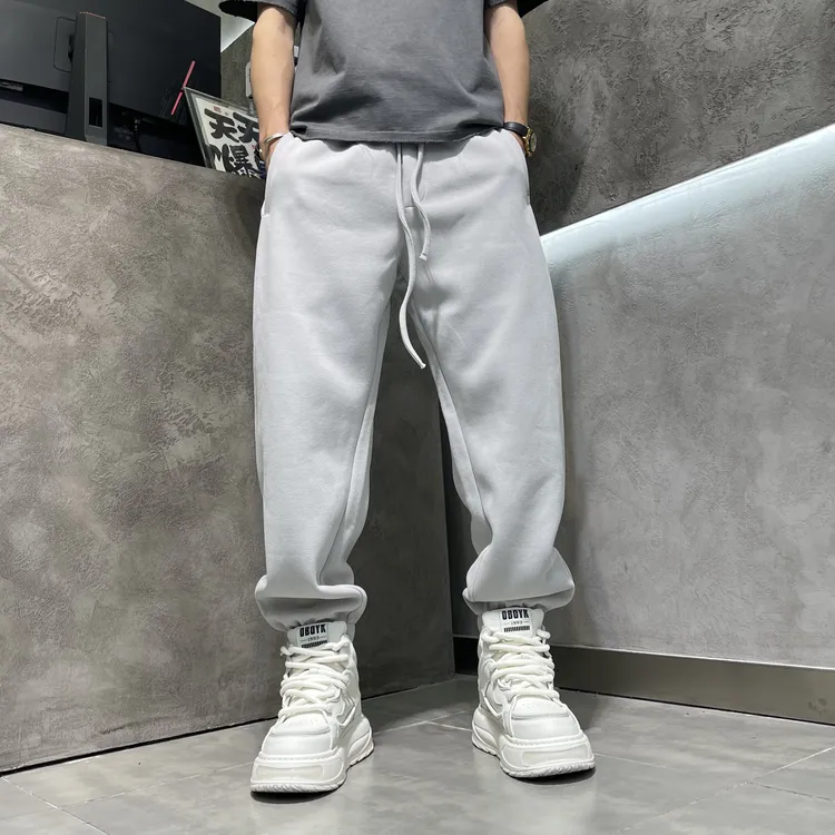 冬季加绒宽松男士束脚休闲裤百搭简约纯色时尚运动潮流加厚长裤