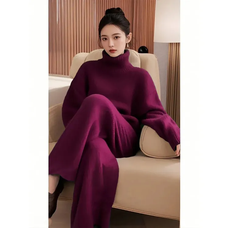 过年紫红色小香风针织高领毛衣阔腿裤套装女冬季新款
