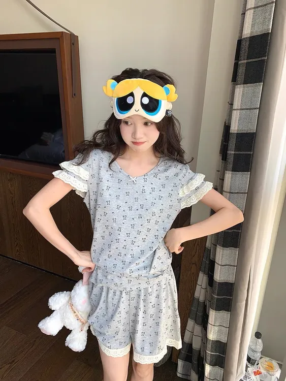 【小熊布蕾】夏天蕾丝甜美睡衣女新款短袖短裤可外穿家居服套装