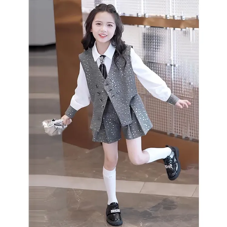 女童套装秋季2024新款洋气女孩小香风秋装儿童时髦春秋马甲三件套