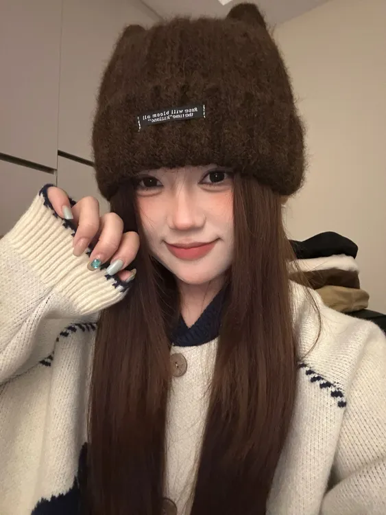 日系羊毛可爱猫耳朵帽子女秋冬显脸小坑条针织帽大头围保暖毛线帽