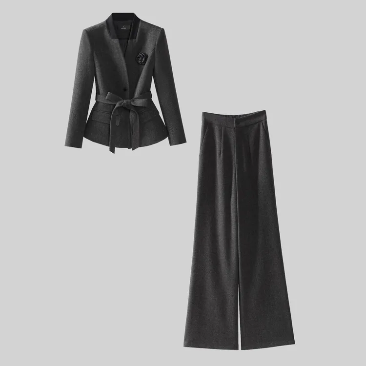 G208【纪朵研】秋冬小香风简约百搭上衣阔腿裤女装时尚套装