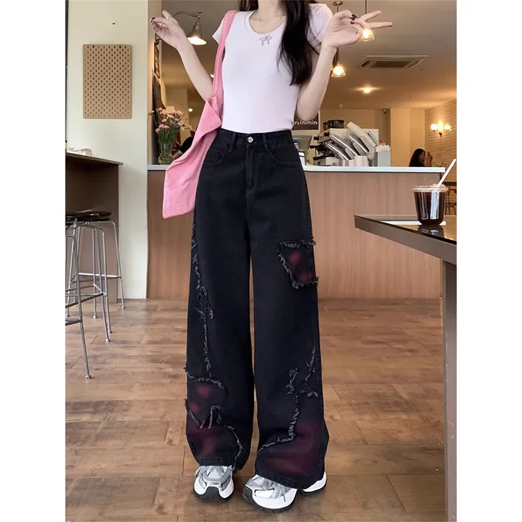 美式复古蝴蝶拼接晕染牛仔裤女夏季新款设计感小众百搭拖地直筒裤