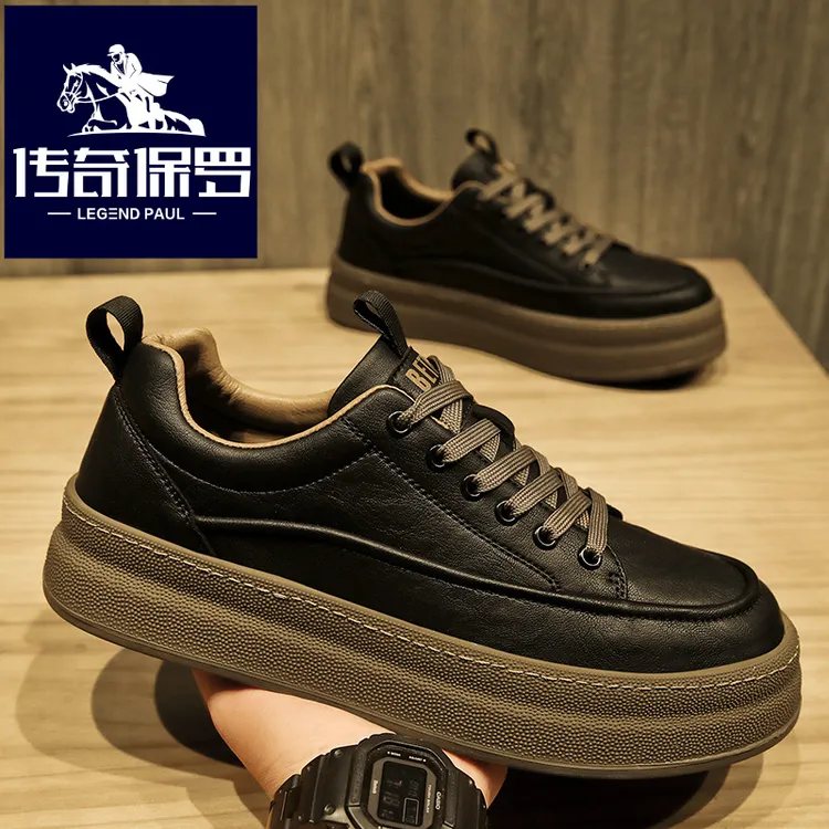 传奇保罗正版男鞋冬季潮流百搭厚底休闲运动板鞋男士黑色工作潮鞋