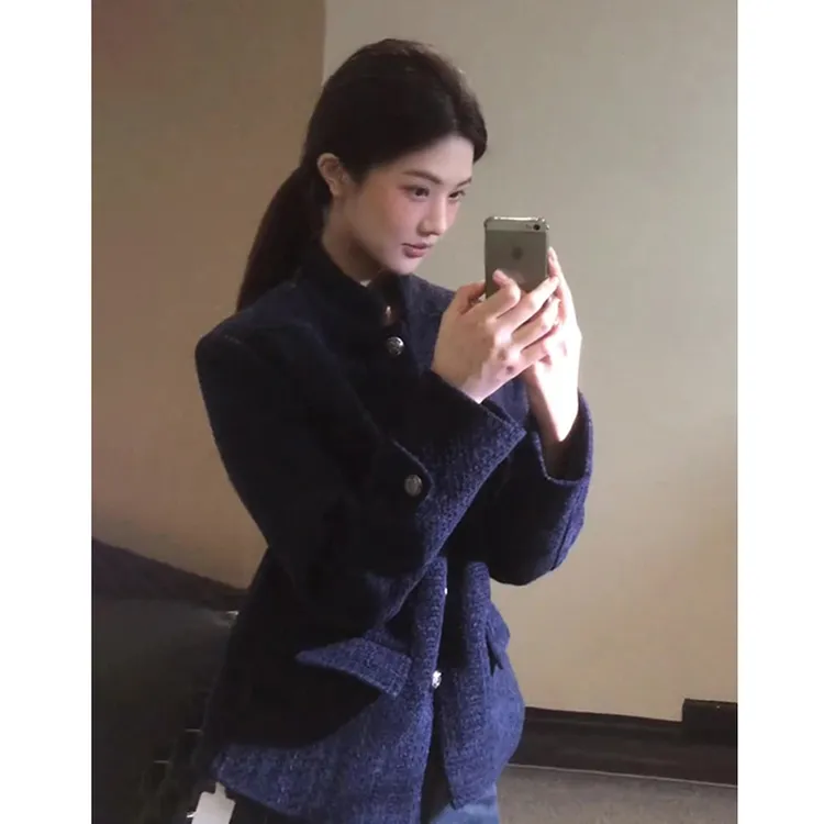 巨显瘦韩系富家千金小香风藏青色短外套通勤气质高级感老钱风上衣