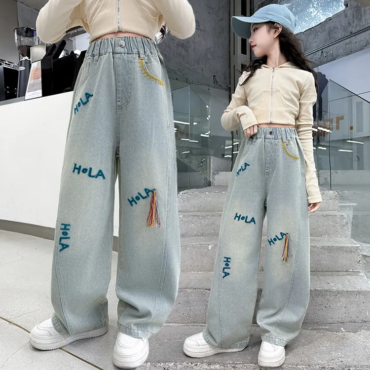 女童刺绣流苏阔腿裤牛仔裤女2025年新款高腰显瘦垂感直筒拖地裤潮