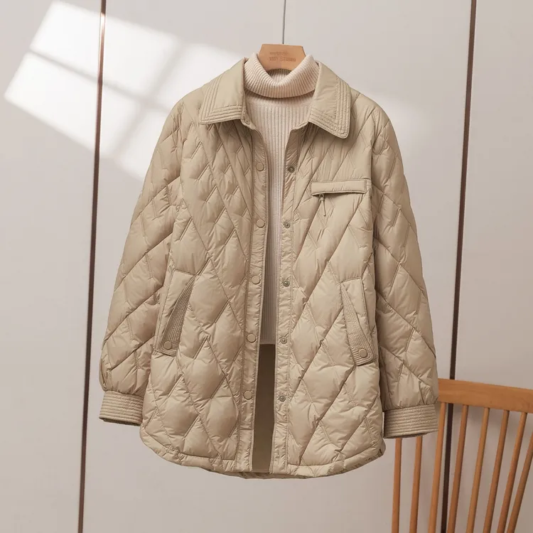 轻薄90白鸭绒羽绒服女中长款2025新款衬衫领宽松韩版时尚秋冬外套