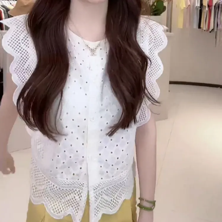 2525新法式荷叶边蕾丝拼接镂空短袖小衫时尚百搭上衣LK2503953