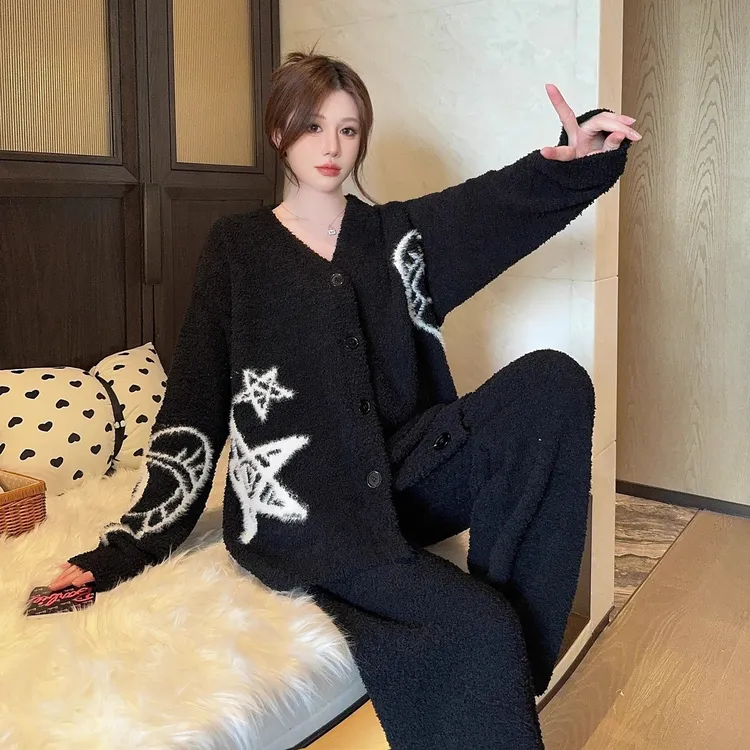 睡衣女新款秋冬季高级感半边绒长袖加厚加绒甜美可外穿家居服套装