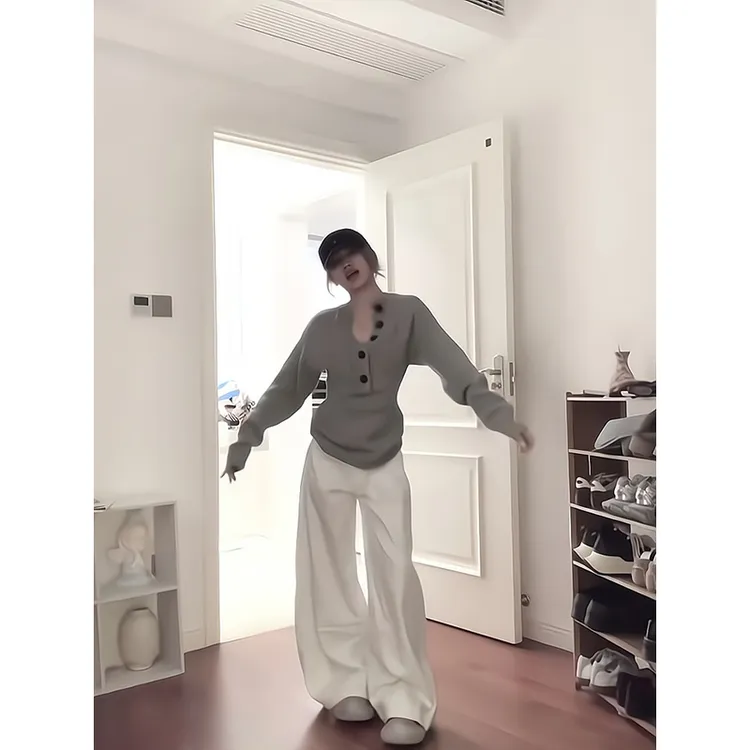 2025新款女士早春季美式慵懒风灰色长袖针织衫上衣高腰宽松阔腿裤