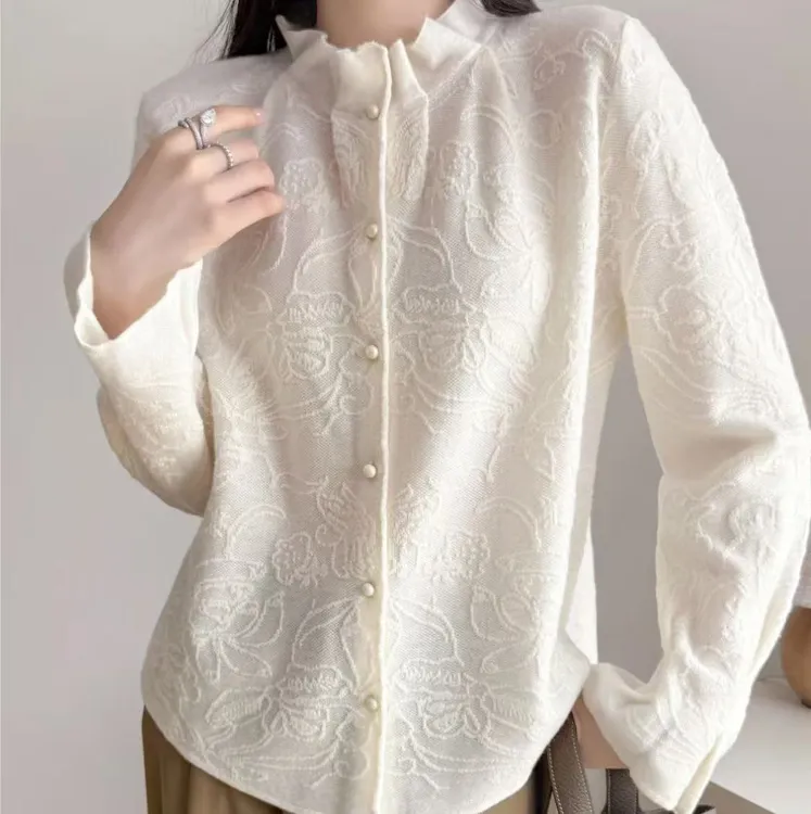 高品质设计师款全毛提花木耳领袖针织开衫