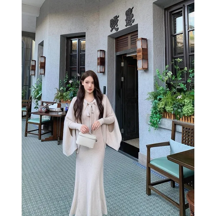 小香风休闲风日式时尚套装千金风法式少女风系带斗篷连衣裙套装