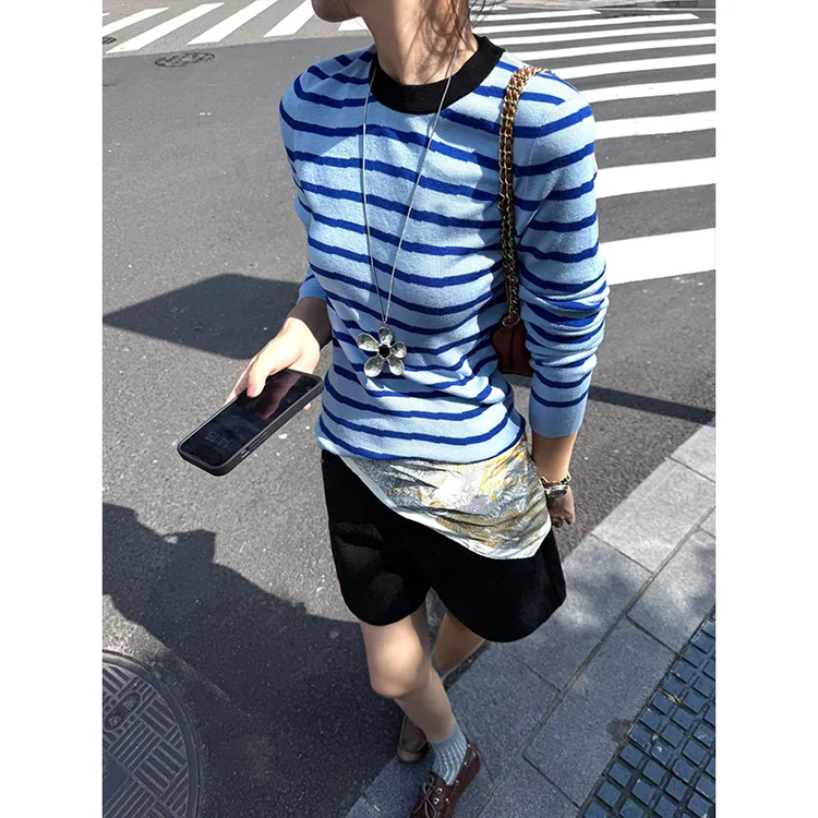 秋季新款韩系撞色蓝色条纹针织上衣女百搭直筒显瘦半身裙套装春游