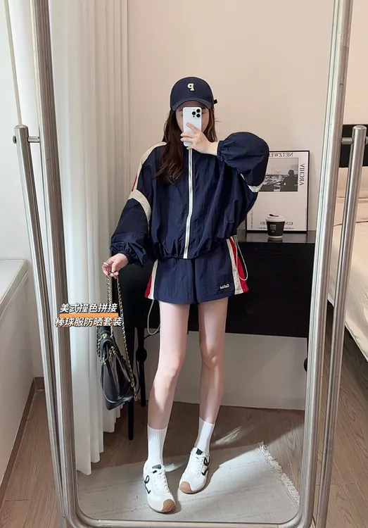 运费补贴小个子秋季韩版设计感撞色拼接立领拉链外套+短裤两件套