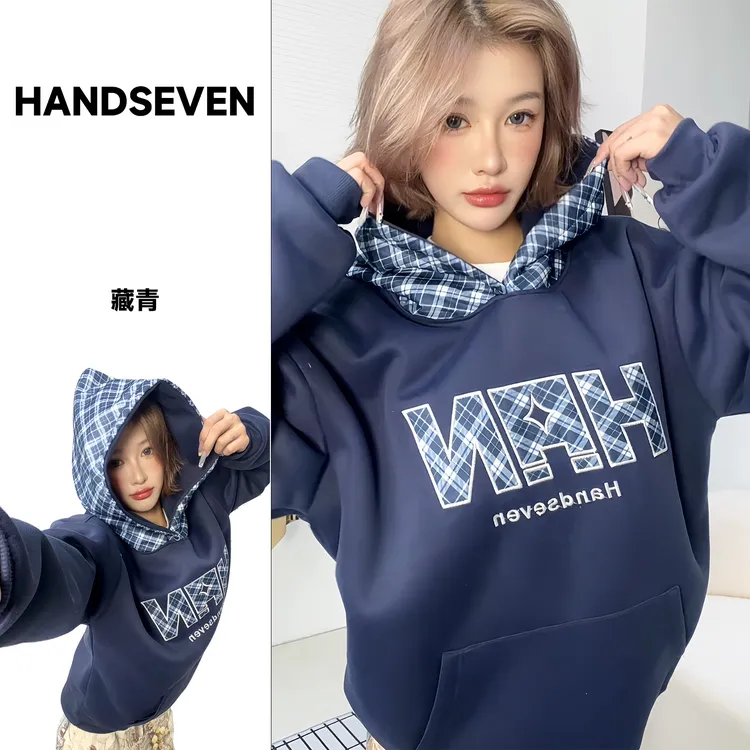 HandSeven美式秋冬拼接刺绣撞色休闲百搭宽松男女同款连帽卫衣