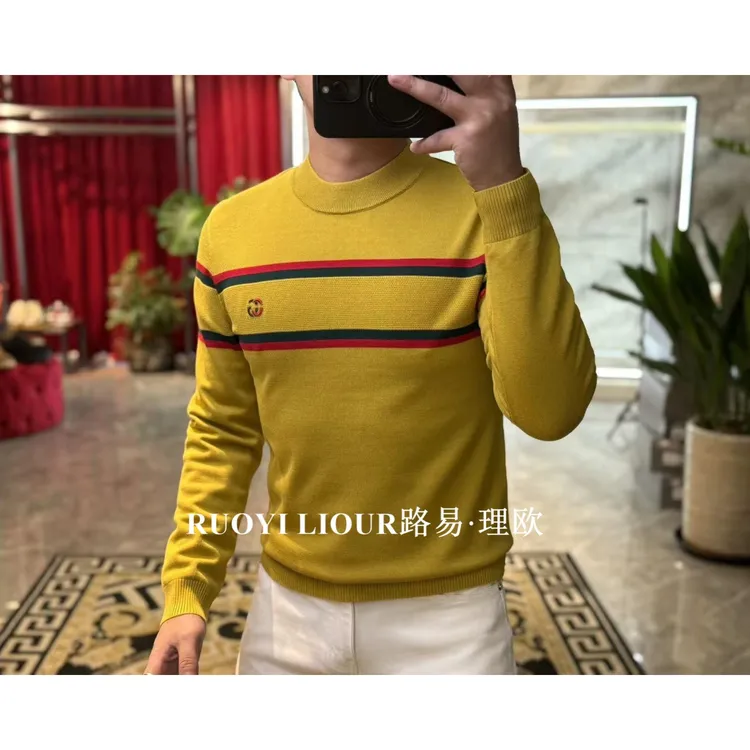 【路易理欧】欧货山羊绒混纺男士圆领条纹针织衫修身长袖毛衣0783