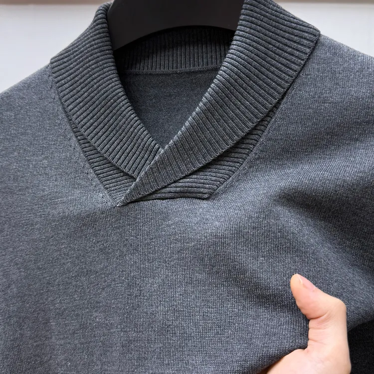 John Bunni高端青果领羊毛针织衫男士秋冬季时尚V领毛衣打底衫潮T