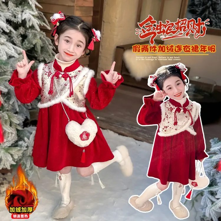 2025新款儿童秋冬季汉服古装国风唐装女宝宝复古加绒连衣裙拜年服