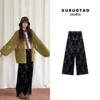 XURUOTAO【丝绒蝴蝶裤】丝绒设计感显瘦松紧高腰黑色裤子 T5677