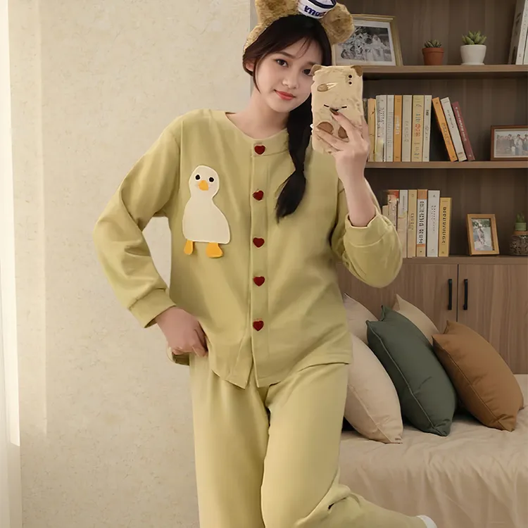 长袖开衫睡衣女秋2025新款羊毛绒黄色鸭子休闲套装可外穿家居服