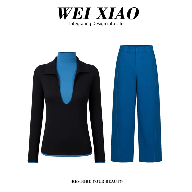 今年流行撞色拼接假两件长袖上衣显瘦百搭休闲长裤秋冬新款两件套